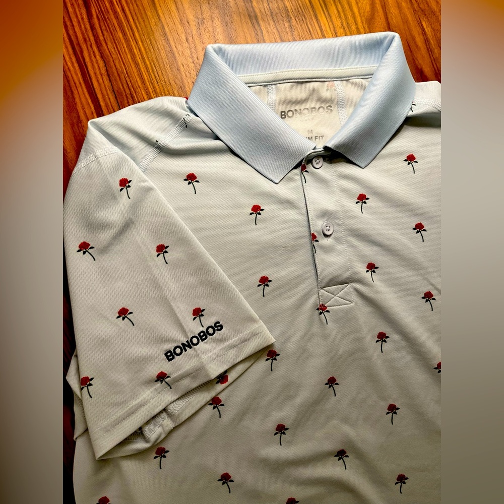 Bonobos Light Blue Polo with Red Floral Pattern